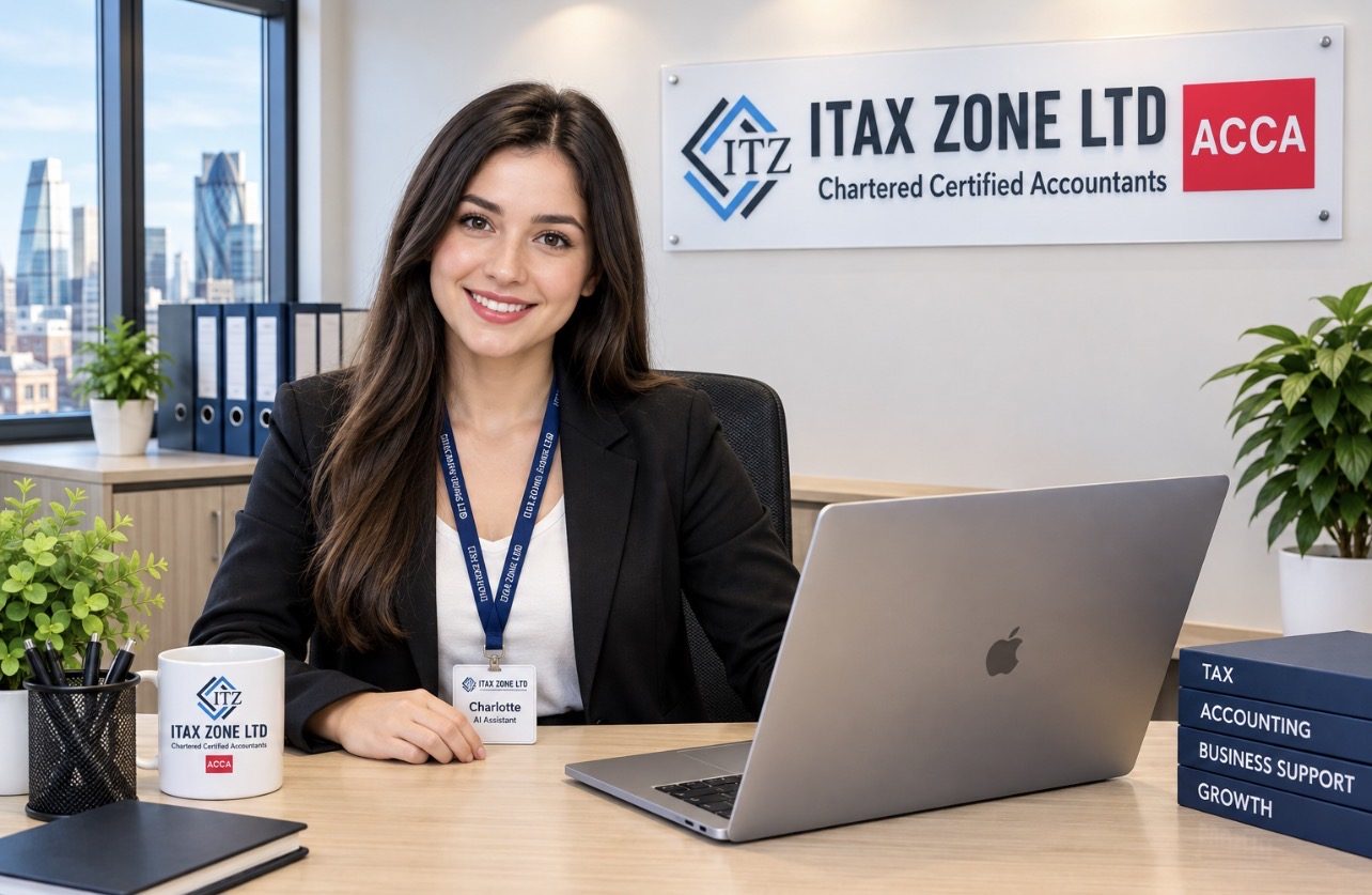 Charlotte, the ITAX Zone AI assistant, shown at a desk in the office